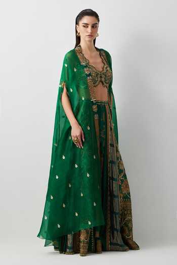 Aum By Asit And Ashima_Emerald Green Silk, Organza, Tissue Open Neck, Hand Embroidered Cape Sharara Set _Online_at_Aza_Fashions