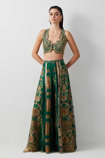 Buy_Aum By Asit And Ashima_Emerald Green Silk, Organza, Tissue Open Neck, Hand Embroidered Cape Sharara Set _Online_at_Aza_Fashions