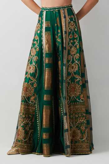 Shop_Aum By Asit And Ashima_Emerald Green Silk, Organza, Tissue Open Neck, Hand Embroidered Cape Sharara Set _Online_at_Aza_Fashions