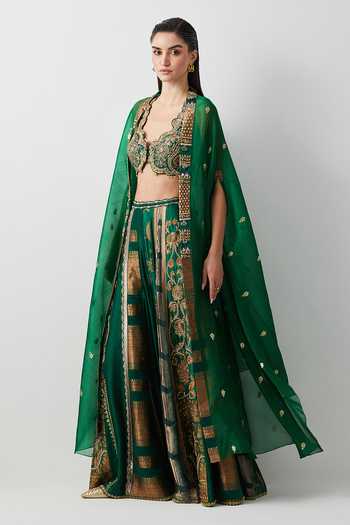Aum By Asit And Ashima_Emerald Green Silk, Organza, Tissue Open Neck, Hand Embroidered Cape Sharara Set _at_Aza_Fashions