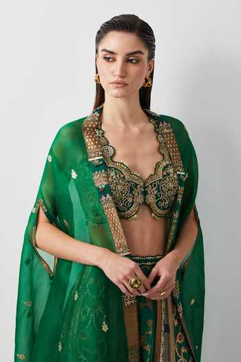 Buy_Aum By Asit And Ashima_Emerald Green Silk, Organza, Tissue Open Neck, Hand Embroidered Cape Sharara Set 