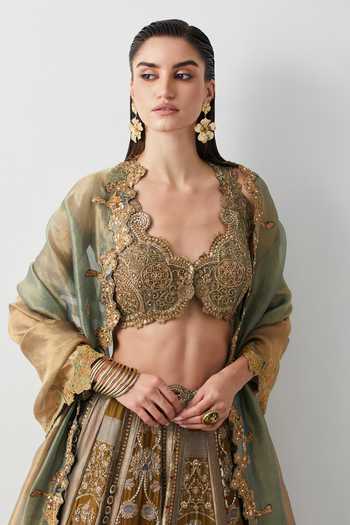 Aum By Asit And Ashima_Olive Green Silk, Organza, Brocade V-neck Hand Embroidered Lehenga Set _Online_at_Aza_Fashions