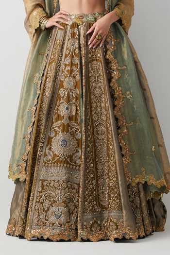 Buy_Aum By Asit And Ashima_Olive Green Silk, Organza, Brocade V-neck Hand Embroidered Lehenga Set _Online_at_Aza_Fashions