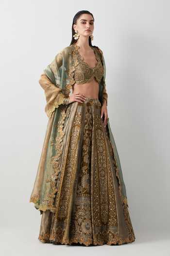Shop_Aum By Asit And Ashima_Olive Green Silk, Organza, Brocade V-neck Hand Embroidered Lehenga Set _Online_at_Aza_Fashions
