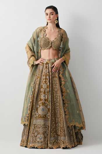 Aum By Asit And Ashima_Olive Green Silk, Organza, Brocade V-neck Hand Embroidered Lehenga Set _at_Aza_Fashions