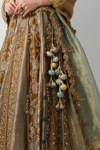 Buy_Aum By Asit And Ashima_Olive Green Silk, Organza, Brocade V-neck Hand Embroidered Lehenga Set 