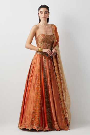 Shop Aum By Asit And Ashima Orange Silk, Organza Beads, Zari, Roasted Carrot Hand Embroidered Lehenga Set Online at Aza Fashions Shop_Aum By Asit And Ashima_Orange Silk, Organza Beads, Zari, Roasted Carrot Hand Embroidered Lehenga Set _Online_at_Aza_Fashions