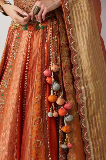 Aum By Asit And Ashima Orange Silk, Organza Beads, Zari, Roasted Carrot Hand Embroidered Lehenga Set at Aza Fashions Aum By Asit And Ashima_Orange Silk, Organza Beads, Zari, Roasted Carrot Hand Embroidered Lehenga Set _at_Aza_Fashions