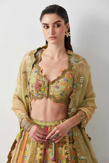 Aum By Asit And Ashima_Yellow Silk, Organza, Brocade V-neck Lime Hand Embroidered Lehenga Set _Online_at_Aza_Fashions