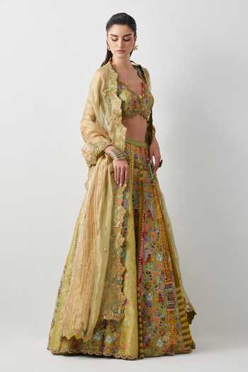 Buy_Aum By Asit And Ashima_Yellow Silk, Organza, Brocade V-neck Lime Hand Embroidered Lehenga Set _Online_at_Aza_Fashions