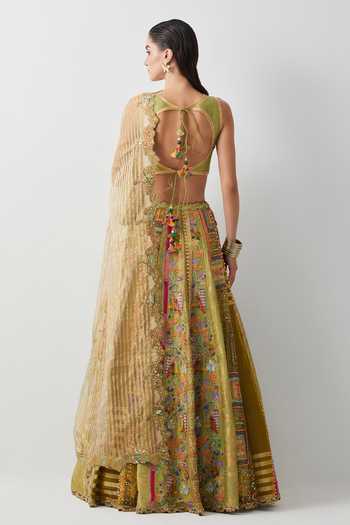 Aum By Asit And Ashima Lime Yellow Hand Embroidered Lehenga Set 