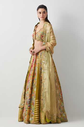 Shop_Aum By Asit And Ashima_Yellow Silk, Organza, Brocade V-neck Lime Hand Embroidered Lehenga Set _Online_at_Aza_Fashions