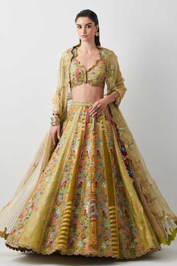 Aum By Asit And Ashima Lime Yellow Hand Embroidered Lehenga Set 