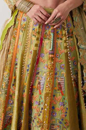 Aum By Asit And Ashima_Yellow Silk, Organza, Brocade V-neck Lime Hand Embroidered Lehenga Set _at_Aza_Fashions