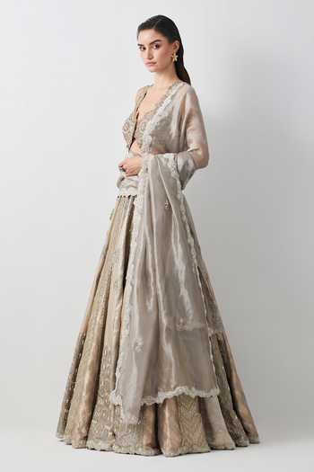 Aum By Asit And Ashima_Silver Silk, Organza, Brocade V-neck Hand Embroidered Lehenga Set _Online_at_Aza_Fashions