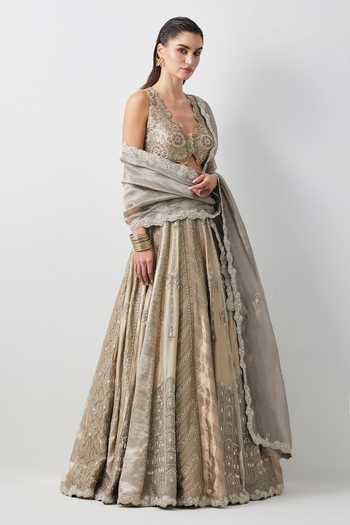 Buy_Aum By Asit And Ashima_Silver Silk, Organza, Brocade V-neck Hand Embroidered Lehenga Set _Online_at_Aza_Fashions