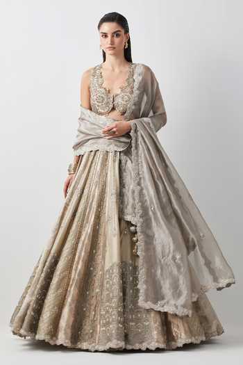 Aum By Asit And Ashima Silver Hand Embroidered Lehenga Set 