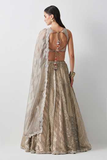 Aum By Asit And Ashima Silver Hand Embroidered Lehenga Set 
