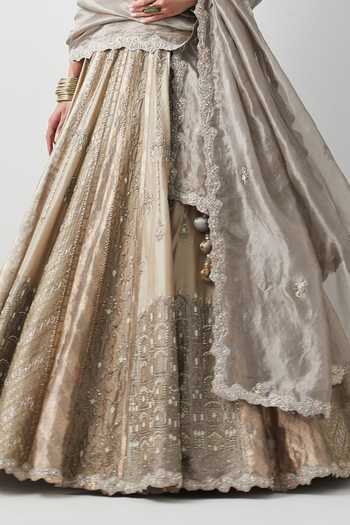 Shop_Aum By Asit And Ashima_Silver Silk, Organza, Brocade V-neck Hand Embroidered Lehenga Set _Online_at_Aza_Fashions