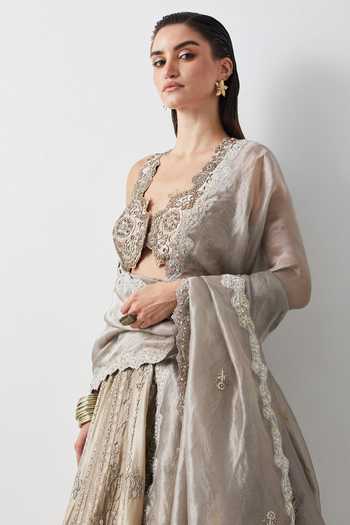 Aum By Asit And Ashima_Silver Silk, Organza, Brocade V-neck Hand Embroidered Lehenga Set _at_Aza_Fashions