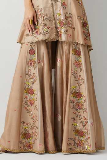 Aum By Asit And Ashima_Ivory Silk Plunge Neck Embroidered Peplum Top And Sharara Set _Online_at_Aza_Fashions