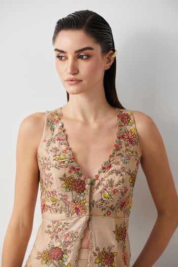 Buy_Aum By Asit And Ashima_Ivory Silk Plunge Neck Embroidered Peplum Top And Sharara Set _Online_at_Aza_Fashions