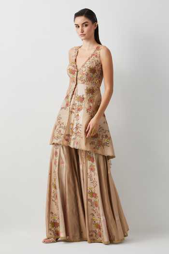 Shop_Aum By Asit And Ashima_Ivory Silk Plunge Neck Embroidered Peplum Top And Sharara Set _Online_at_Aza_Fashions