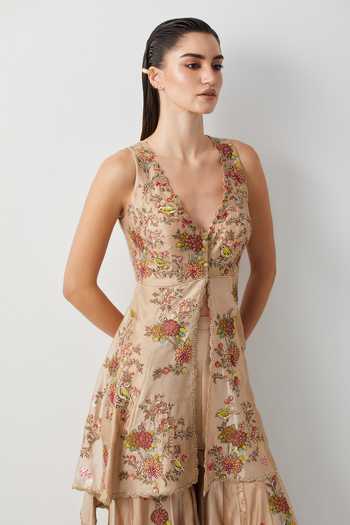 Aum By Asit And Ashima_Ivory Silk Plunge Neck Embroidered Peplum Top And Sharara Set _at_Aza_Fashions