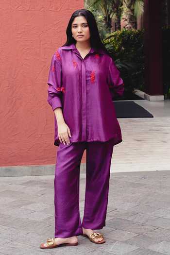 Kavya Singh Kundu_Purple Silk Collared Neck Pippa Embroidered Shirt And Pant Set _at_Aza_Fashions