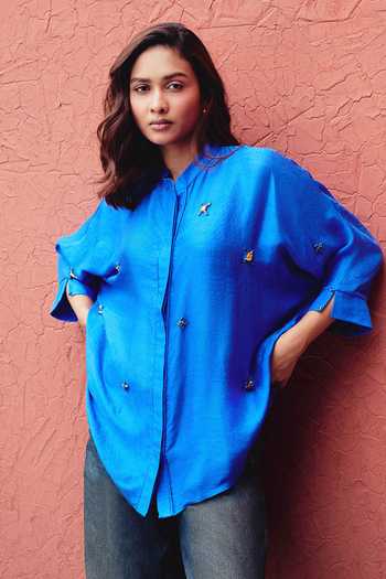 Kavya Singh Kundu Blue Silk Mandarin Collar Sapphire Hand Embroidered Shirt Online at Aza Fashions Kavya Singh Kundu_Blue Silk Mandarin Collar Sapphire Hand Embroidered Shirt _Online_at_Aza_Fashions