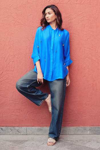 Buy Kavya Singh Kundu Blue Silk Mandarin Collar Sapphire Hand Embroidered Shirt Online at Aza Fashions Buy_Kavya Singh Kundu_Blue Silk Mandarin Collar Sapphire Hand Embroidered Shirt _Online_at_Aza_Fashions