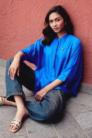 Shop Kavya Singh Kundu Blue Silk Mandarin Collar Sapphire Hand Embroidered Shirt Online at Aza Fashions Shop_Kavya Singh Kundu_Blue Silk Mandarin Collar Sapphire Hand Embroidered Shirt _Online_at_Aza_Fashions