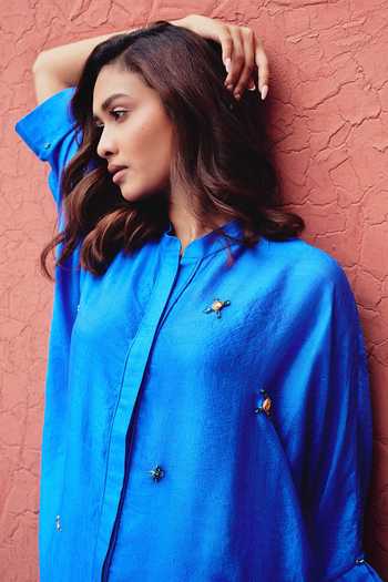 Kavya Singh Kundu Blue Silk Mandarin Collar Sapphire Hand Embroidered Shirt at Aza Fashions Kavya Singh Kundu_Blue Silk Mandarin Collar Sapphire Hand Embroidered Shirt _at_Aza_Fashions