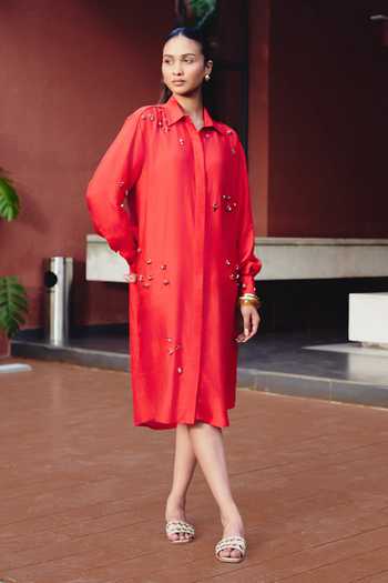 Kavya Singh Kundu Red Silk Collared Neck Etna Hand Embroidered Shirt Dress Online at Aza Fashions Kavya Singh Kundu_Red Silk Collared Neck Etna Hand Embroidered Shirt Dress _Online_at_Aza_Fashions