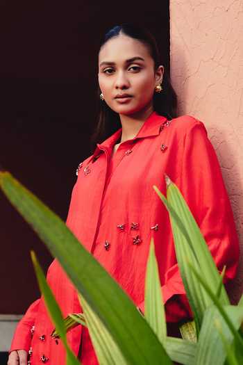 Buy Kavya Singh Kundu Red Silk Collared Neck Etna Hand Embroidered Shirt Dress Online at Aza Fashions Buy_Kavya Singh Kundu_Red Silk Collared Neck Etna Hand Embroidered Shirt Dress _Online_at_Aza_Fashions