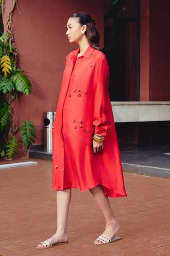 Shop Kavya Singh Kundu Red Silk Collared Neck Etna Hand Embroidered Shirt Dress Online at Aza Fashions Shop_Kavya Singh Kundu_Red Silk Collared Neck Etna Hand Embroidered Shirt Dress _Online_at_Aza_Fashions