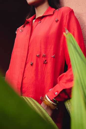 Kavya Singh Kundu Red Silk Collared Neck Etna Hand Embroidered Shirt Dress at Aza Fashions Kavya Singh Kundu_Red Silk Collared Neck Etna Hand Embroidered Shirt Dress _at_Aza_Fashions