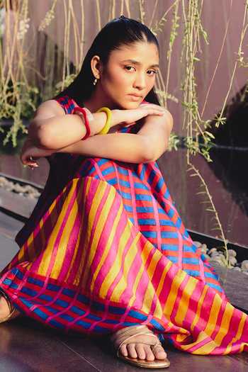 Buy_Kavya Singh Kundu_Multi Color Silk V-neck Rio Block Print Maxi Dress _Online_at_Aza_Fashions