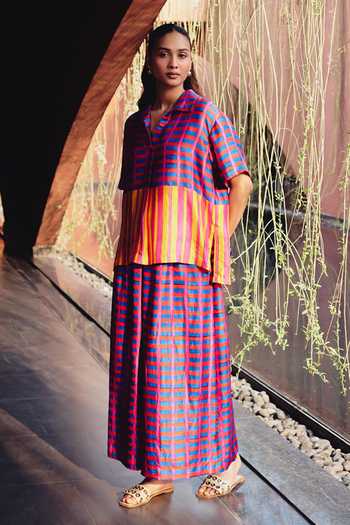 Kavya Singh Kundu_Multi Color Silk Collared Neck Lama Block Print Shirt And Pant Set _at_Aza_Fashions