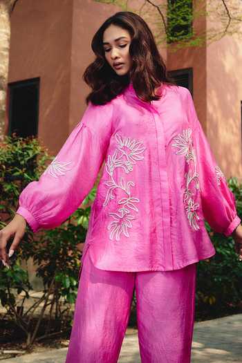 Buy_Kavya Singh Kundu_Pink Silk Collared Neck Azalea Floral Embroidered Shirt And Pant Set _Online_at_Aza_Fashions
