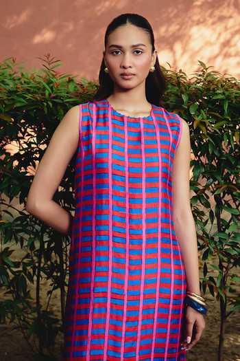 Kavya Singh Kundu Multi Color Silk Round Neck Marina Block Printed Dress Online at Aza Fashions Kavya Singh Kundu_Multi Color Silk Round Neck Marina Block Printed Dress _Online_at_Aza_Fashions