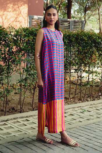 Shop Kavya Singh Kundu Multi Color Silk Round Neck Marina Block Printed Dress Online at Aza Fashions Shop_Kavya Singh Kundu_Multi Color Silk Round Neck Marina Block Printed Dress _Online_at_Aza_Fashions