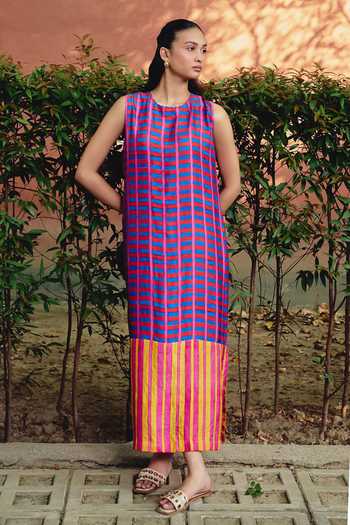 Kavya Singh Kundu Multi Color Silk Round Neck Marina Block Printed Dress at Aza Fashions Kavya Singh Kundu_Multi Color Silk Round Neck Marina Block Printed Dress _at_Aza_Fashions