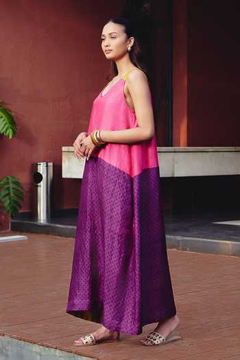 Buy_Kavya Singh Kundu_Pink Silk V-neck Dusk Block Printed Dress _Online_at_Aza_Fashions