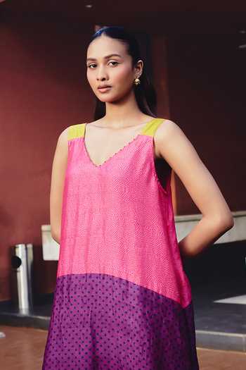 Shop_Kavya Singh Kundu_Pink Silk V-neck Dusk Block Printed Dress _Online_at_Aza_Fashions