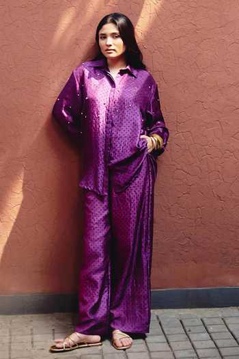 Kavya Singh Kundu_Purple Silk Collared Neck Monroe Polka Dot Block Print Shirt And Pant Set _at_Aza_Fashions