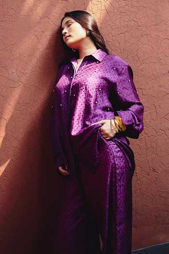 Buy_Kavya Singh Kundu_Purple Silk Collared Neck Monroe Polka Dot Block Print Shirt And Pant Set 