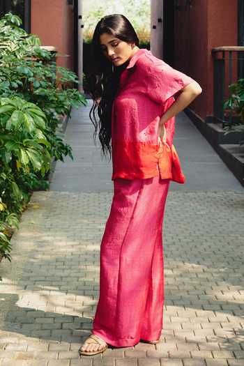 Shop_Kavya Singh Kundu_Pink Silk Collared Neck Rouge Handblock Print Shirt And Pant Set _Online_at_Aza_Fashions