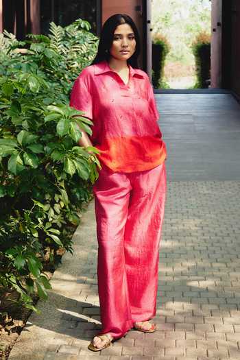 Shop_Kavya Singh Kundu_Pink Silk Collared Neck Rouge Handblock Print Shirt And Pant Set 