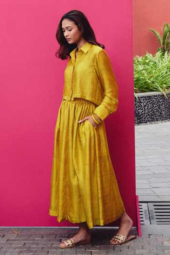 Kavya Singh Kundu_Yellow Silk Collared Neck Tulip Block Print Shirt And Skirt Set _Online_at_Aza_Fashions